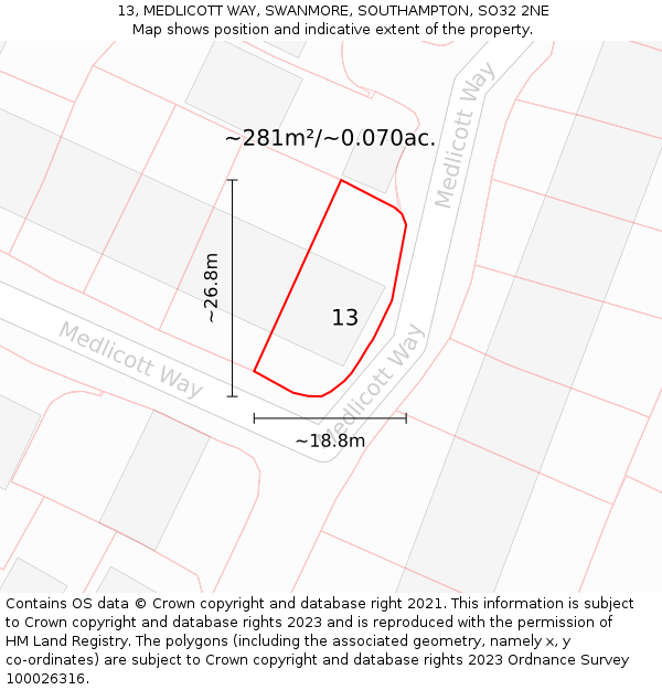 13, MEDLICOTT WAY, SWANMORE, SOUTHAMPTON, SO32 2NE: Plot and title map