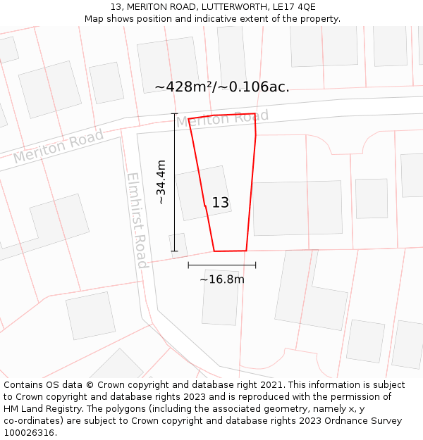 13, MERITON ROAD, LUTTERWORTH, LE17 4QE: Plot and title map