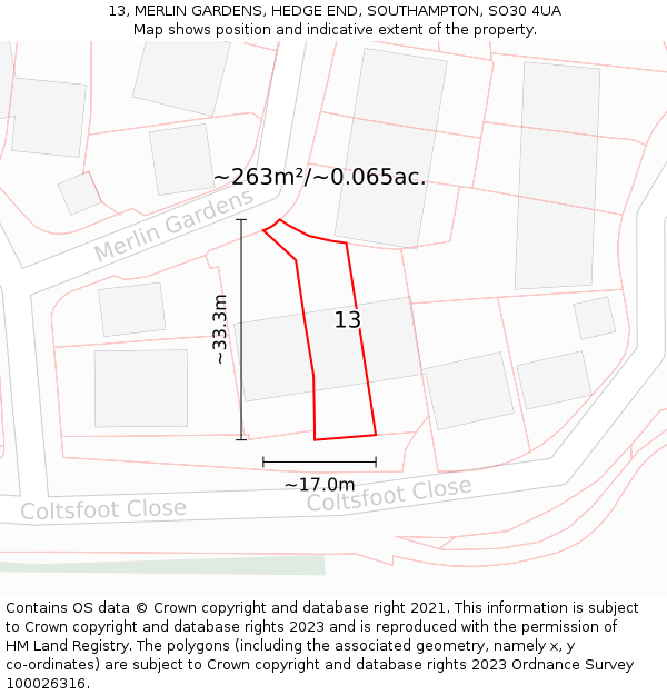 13, MERLIN GARDENS, HEDGE END, SOUTHAMPTON, SO30 4UA: Plot and title map