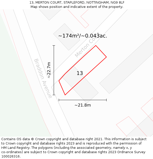 13, MERTON COURT, STAPLEFORD, NOTTINGHAM, NG9 8LF: Plot and title map