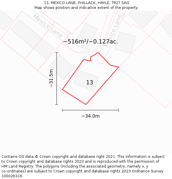 13, MEXICO LANE, PHILLACK, HAYLE, TR27 5AG: Plot and title map