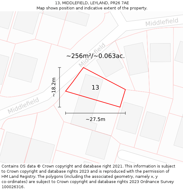 13, MIDDLEFIELD, LEYLAND, PR26 7AE: Plot and title map