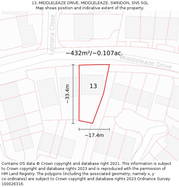 13, MIDDLELEAZE DRIVE, MIDDLELEAZE, SWINDON, SN5 5GL: Plot and title map