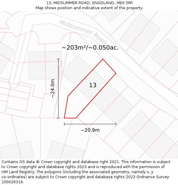 13, MIDSUMMER ROAD, SNODLAND, ME6 5RP: Plot and title map