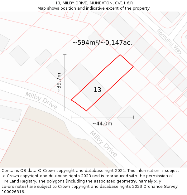 13, MILBY DRIVE, NUNEATON, CV11 6JR: Plot and title map