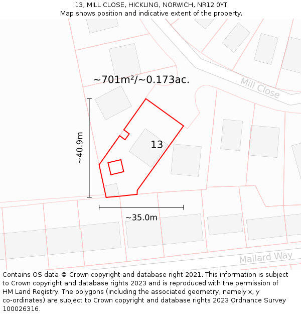 13, MILL CLOSE, HICKLING, NORWICH, NR12 0YT: Plot and title map