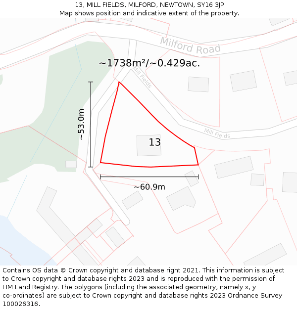 13, MILL FIELDS, MILFORD, NEWTOWN, SY16 3JP: Plot and title map