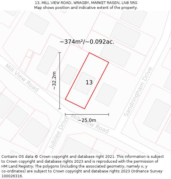 13, MILL VIEW ROAD, WRAGBY, MARKET RASEN, LN8 5RG: Plot and title map