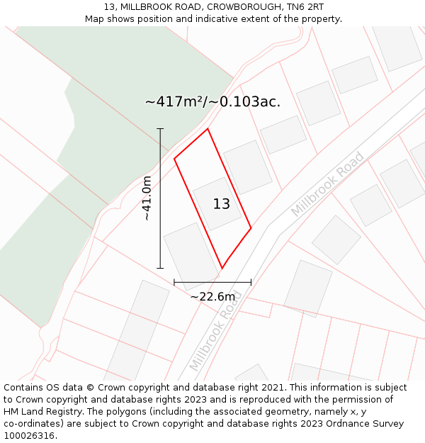 13, MILLBROOK ROAD, CROWBOROUGH, TN6 2RT: Plot and title map