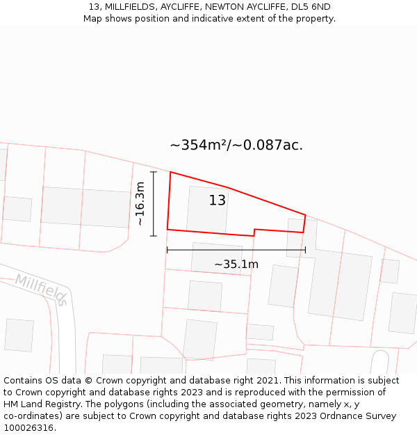 13, MILLFIELDS, AYCLIFFE, NEWTON AYCLIFFE, DL5 6ND: Plot and title map