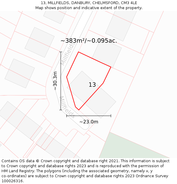 13, MILLFIELDS, DANBURY, CHELMSFORD, CM3 4LE: Plot and title map