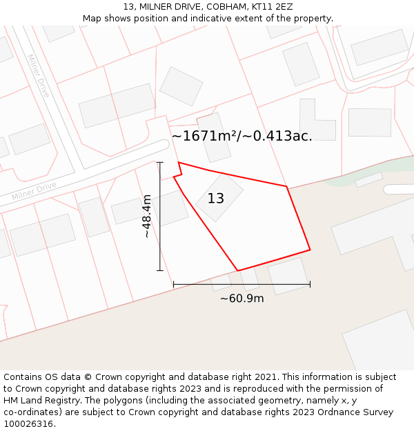 13, MILNER DRIVE, COBHAM, KT11 2EZ: Plot and title map