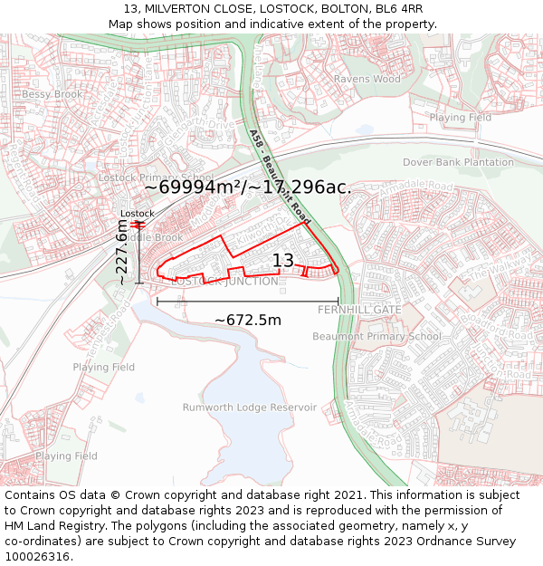 13, MILVERTON CLOSE, LOSTOCK, BOLTON, BL6 4RR: Plot and title map