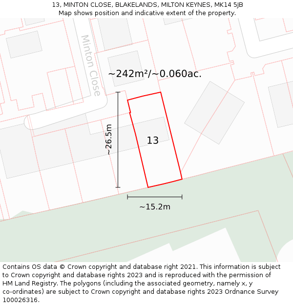 13, MINTON CLOSE, BLAKELANDS, MILTON KEYNES, MK14 5JB: Plot and title map