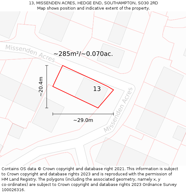 13, MISSENDEN ACRES, HEDGE END, SOUTHAMPTON, SO30 2RD: Plot and title map