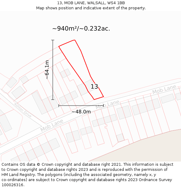 13, MOB LANE, WALSALL, WS4 1BB: Plot and title map