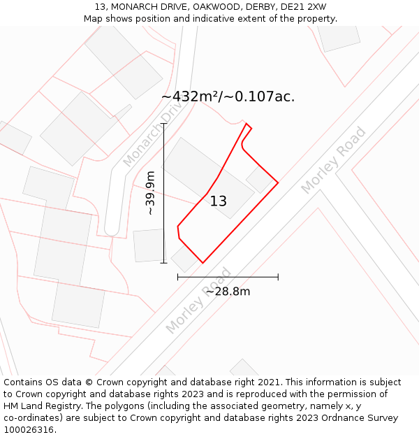 13, MONARCH DRIVE, OAKWOOD, DERBY, DE21 2XW: Plot and title map