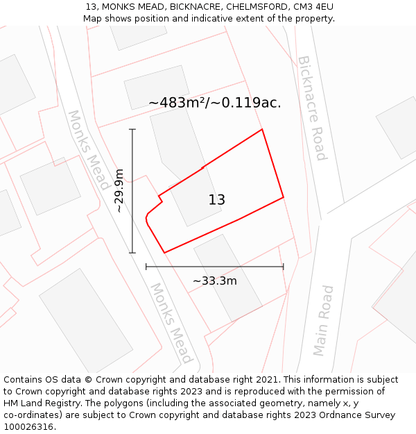 13, MONKS MEAD, BICKNACRE, CHELMSFORD, CM3 4EU: Plot and title map