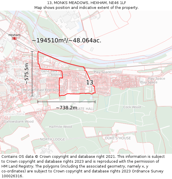13, MONKS MEADOWS, HEXHAM, NE46 1LF: Plot and title map