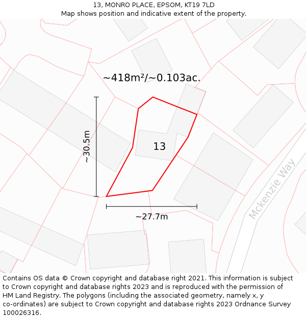 13, MONRO PLACE, EPSOM, KT19 7LD: Plot and title map
