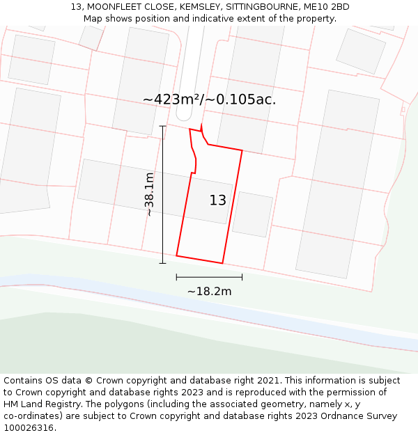 13, MOONFLEET CLOSE, KEMSLEY, SITTINGBOURNE, ME10 2BD: Plot and title map