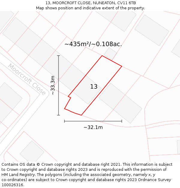 13, MOORCROFT CLOSE, NUNEATON, CV11 6TB: Plot and title map