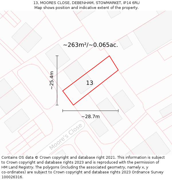 13, MOORES CLOSE, DEBENHAM, STOWMARKET, IP14 6RU: Plot and title map