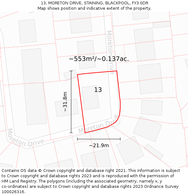13, MORETON DRIVE, STAINING, BLACKPOOL, FY3 0DR: Plot and title map