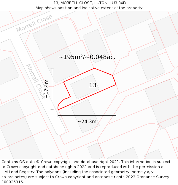 13, MORRELL CLOSE, LUTON, LU3 3XB: Plot and title map