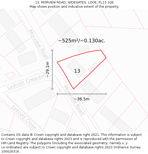 13, MORVIEW ROAD, WIDEGATES, LOOE, PL13 1QE: Plot and title map