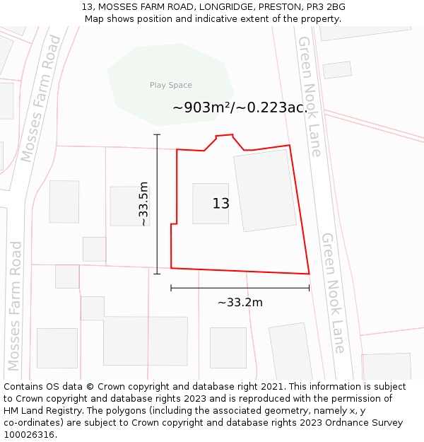 13, MOSSES FARM ROAD, LONGRIDGE, PRESTON, PR3 2BG: Plot and title map