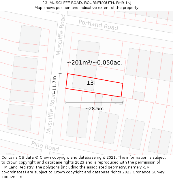 13, MUSCLIFFE ROAD, BOURNEMOUTH, BH9 1NJ: Plot and title map