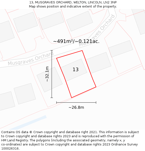 13, MUSGRAVES ORCHARD, WELTON, LINCOLN, LN2 3NP: Plot and title map