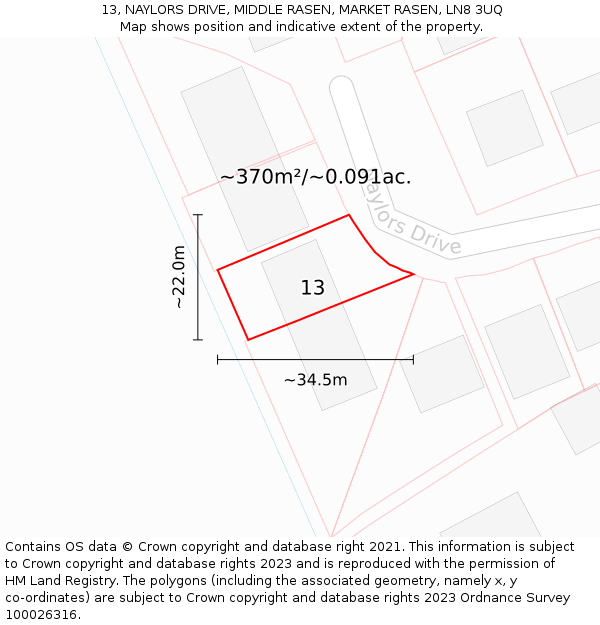 13, NAYLORS DRIVE, MIDDLE RASEN, MARKET RASEN, LN8 3UQ: Plot and title map