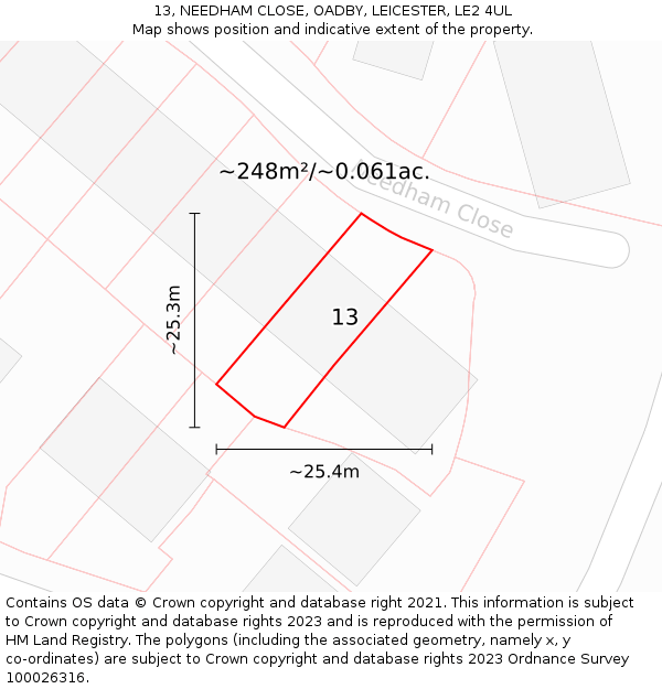 13, NEEDHAM CLOSE, OADBY, LEICESTER, LE2 4UL: Plot and title map