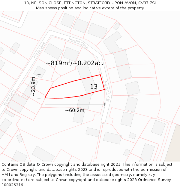 13, NELSON CLOSE, ETTINGTON, STRATFORD-UPON-AVON, CV37 7SL: Plot and title map