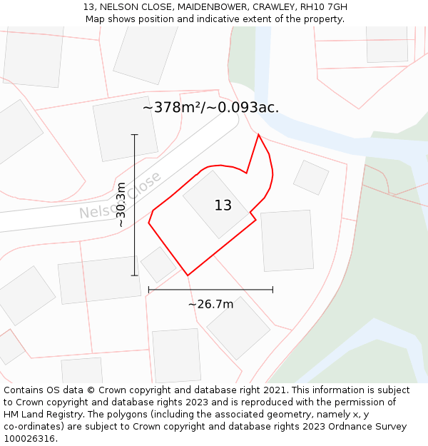 13, NELSON CLOSE, MAIDENBOWER, CRAWLEY, RH10 7GH: Plot and title map