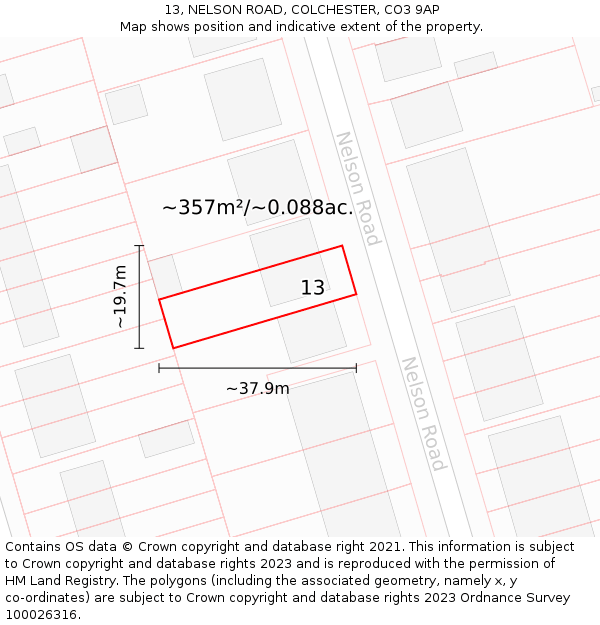 13, NELSON ROAD, COLCHESTER, CO3 9AP: Plot and title map