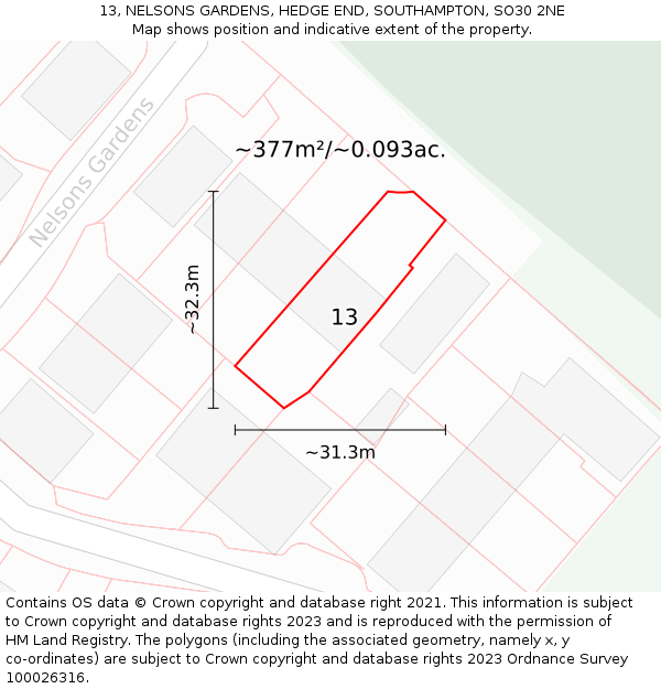 13, NELSONS GARDENS, HEDGE END, SOUTHAMPTON, SO30 2NE: Plot and title map