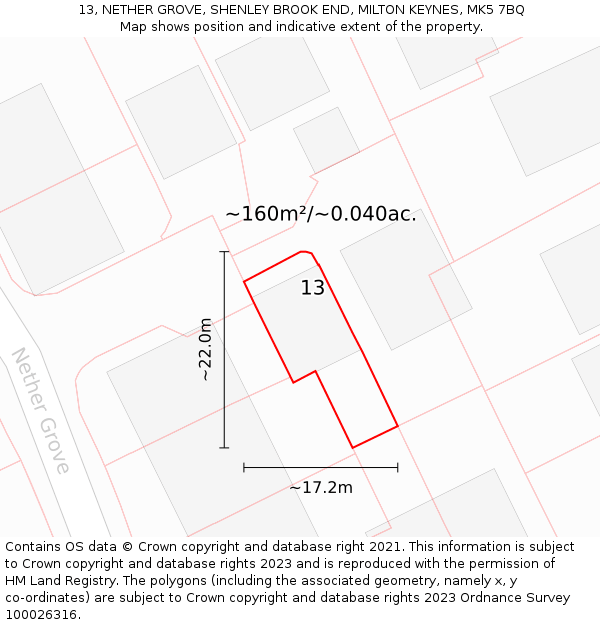 13, NETHER GROVE, SHENLEY BROOK END, MILTON KEYNES, MK5 7BQ: Plot and title map