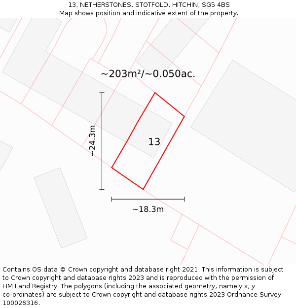 13, NETHERSTONES, STOTFOLD, HITCHIN, SG5 4BS: Plot and title map
