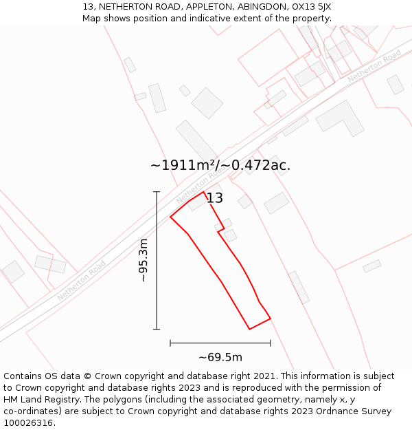 13, NETHERTON ROAD, APPLETON, ABINGDON, OX13 5JX: Plot and title map