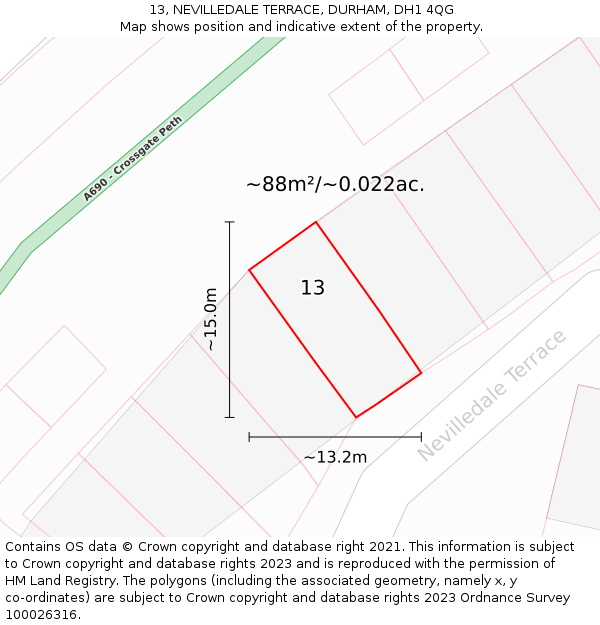 13, NEVILLEDALE TERRACE, DURHAM, DH1 4QG: Plot and title map