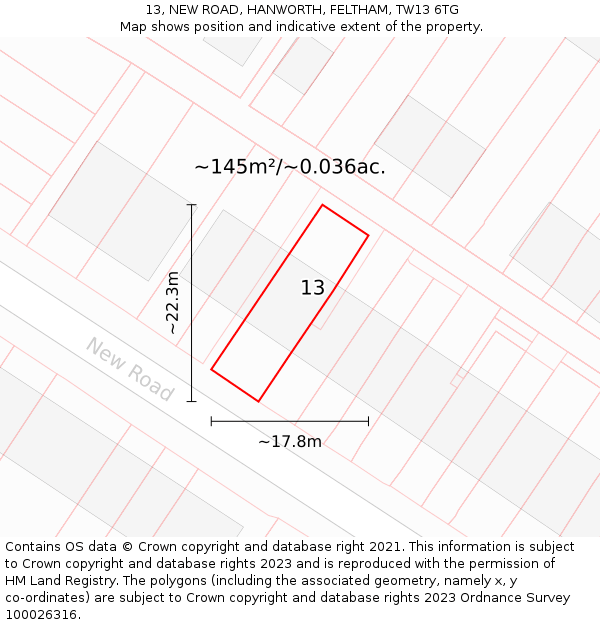 13, NEW ROAD, HANWORTH, FELTHAM, TW13 6TG: Plot and title map