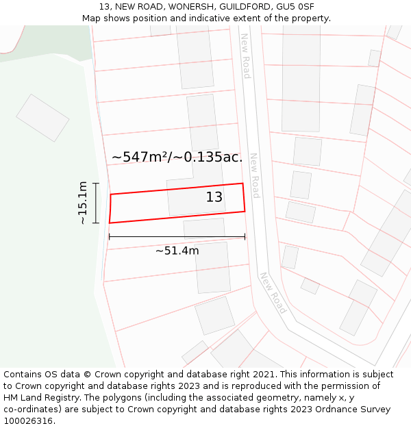 13, NEW ROAD, WONERSH, GUILDFORD, GU5 0SF: Plot and title map