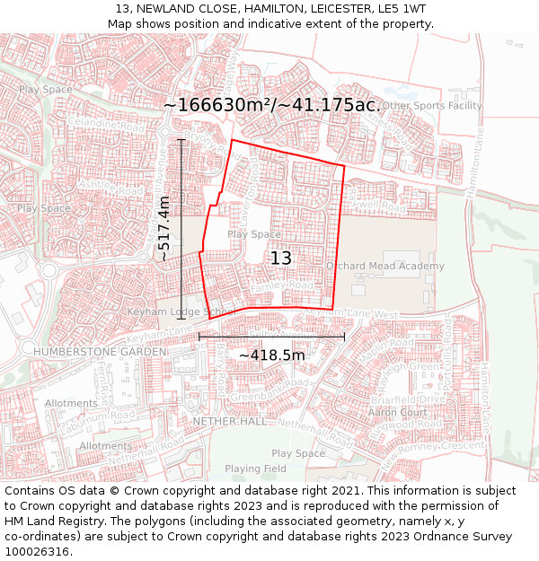 13, NEWLAND CLOSE, HAMILTON, LEICESTER, LE5 1WT: Plot and title map