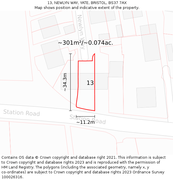 13, NEWLYN WAY, YATE, BRISTOL, BS37 7AX: Plot and title map