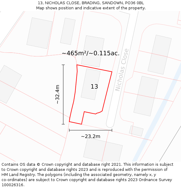 13, NICHOLAS CLOSE, BRADING, SANDOWN, PO36 0BL: Plot and title map