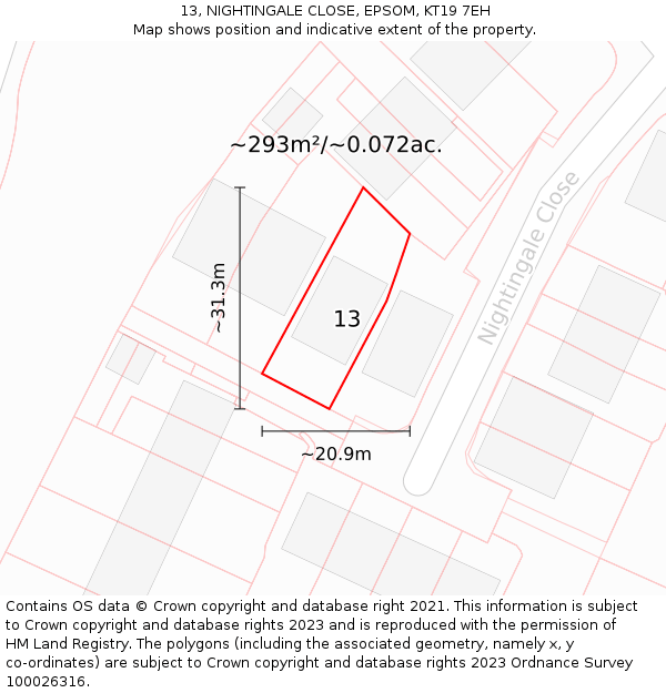 13, NIGHTINGALE CLOSE, EPSOM, KT19 7EH: Plot and title map