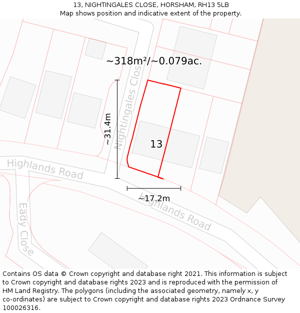 13, NIGHTINGALES CLOSE, HORSHAM, RH13 5LB: Plot and title map